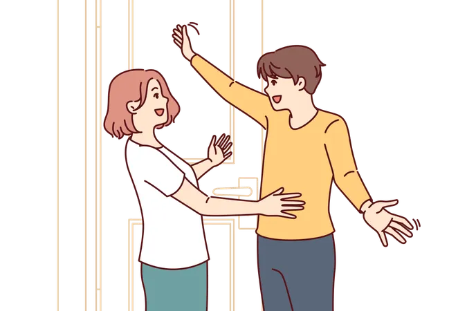 Happy Couple Embraces At Meeting Near Entrance To House And Rejoices At Long Awaited Date Man Returns From Business Trip And Hugs Wife Or Girlfriend Rejoicing In Date After Long Separation Illustration