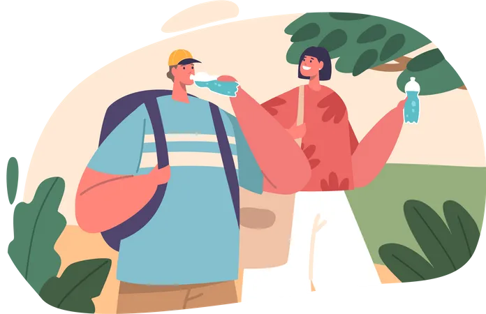 Couple Hydrates While Strolling Through Park Enjoying Refreshing Sips Of Water Amidst Natural Surroundings Male And Female Characters Enjoying Promenade And Drink Cartoon People Vector Illustration Illustration