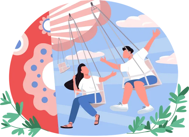 Couple In Amusement Park 2 D Vector Web Banner Poster Woman And Man On Swing Young Teenagers Flat Characters On Cartoon Background Theme Park Attraction Printable Patch Colorful Web Element Illustration