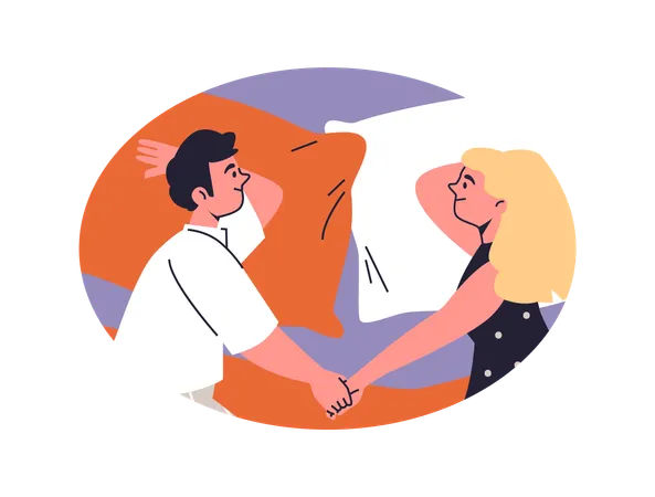 Couple in bed holding hands  Illustration