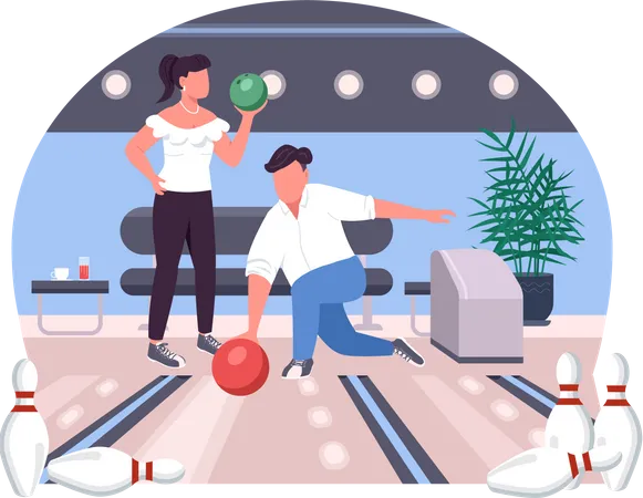 Couple In Bowling Alley 2 D Vector Web Banner Poster Two People Play Game Friends Flat Characters On Cartoon Background Weekend Sport Activity Printable Patch Colorful Web Element Illustration