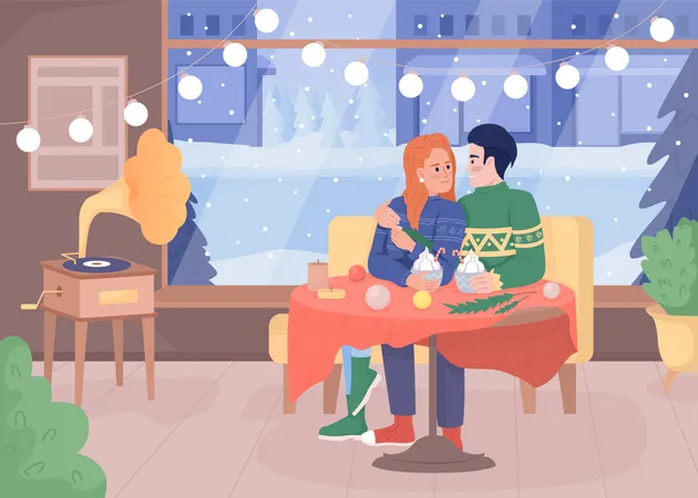 Couple In Coffee Shop Flat Color Vector Illustration Xmas Holiday Date With Hot Drinks Winter Season Fully Editable 2 D Simple Cartoon Characters With Festive Christmas Atmosphere On Background Illustration
