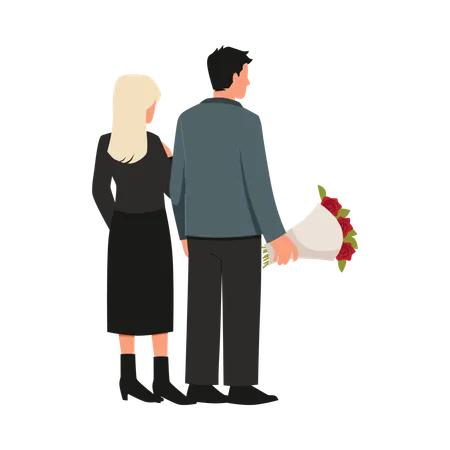 埋葬の際に葬儀用の花を持った黒い服を着た夫婦  イラスト