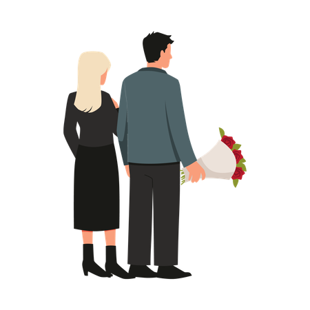 Couple in dark clothes with funeral flowers on burial  Illustration