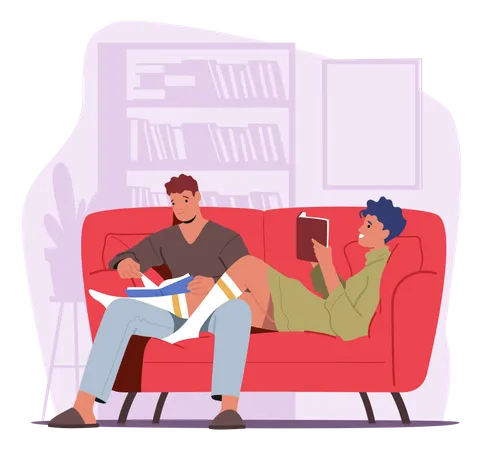 Couple in living room and reading book together  Illustration
