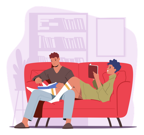 Couple in living room and reading book together  Illustration