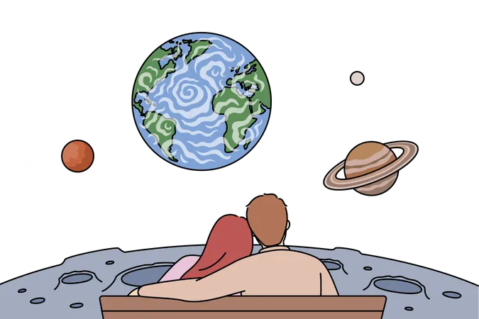 Couple in love admires cosmic landscape while visiting observatory for astronomy enthusiasts  Illustration