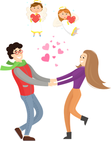 Couple in Love and Cupid Angels  Illustration