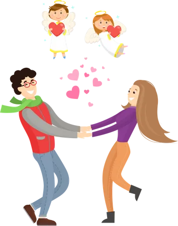 Valentines Day Man And Womanl Holding Hands With Cupid Angels Above Vector Couple Spinning Round With Hearts Between Boy And Girl With Halo And Wings Illustration