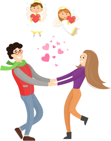 Couple in Love and Cupid Angels  Illustration