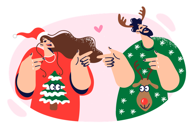 Couple in love is wearing christmas sweaters and smiling  Illustration