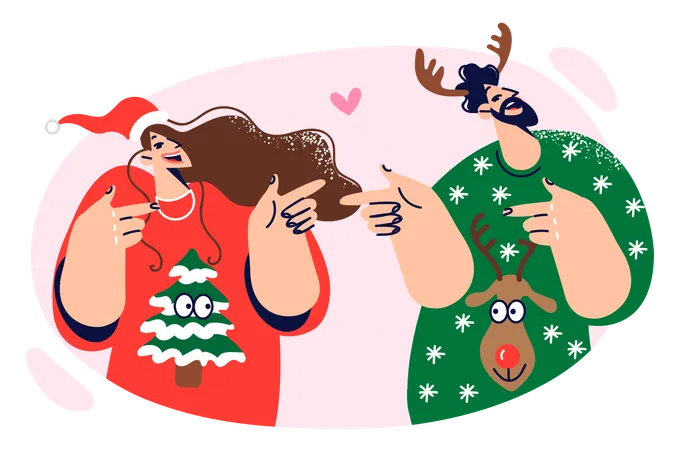 Couple In Love Is Wearing Christmas Sweaters And Smiling Pointing Fingers Towards Other Half Man And Woman Wish You Merry Christmas And Fulfillment Of Your Cherished Desires Next Year Illustration