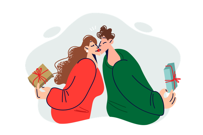 Couple in love kissing each other after exchanging christmas gifts on new year eve or valentine day  Illustration