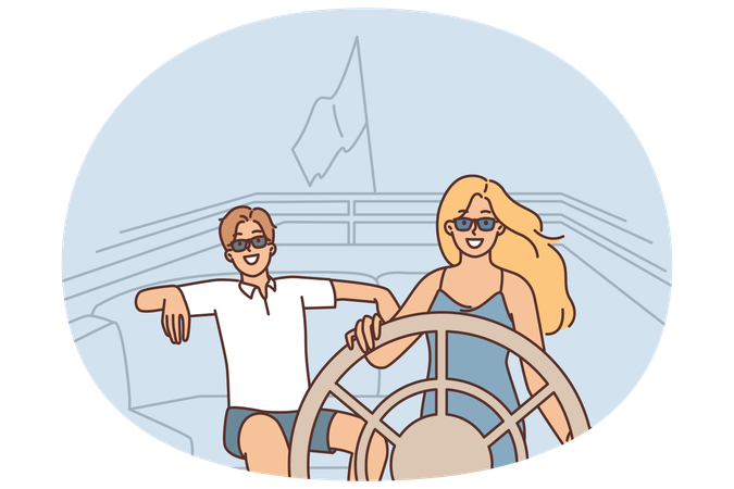 Couple in love rides on yacht spending honeymoon on luxury voyage by sea  Illustration