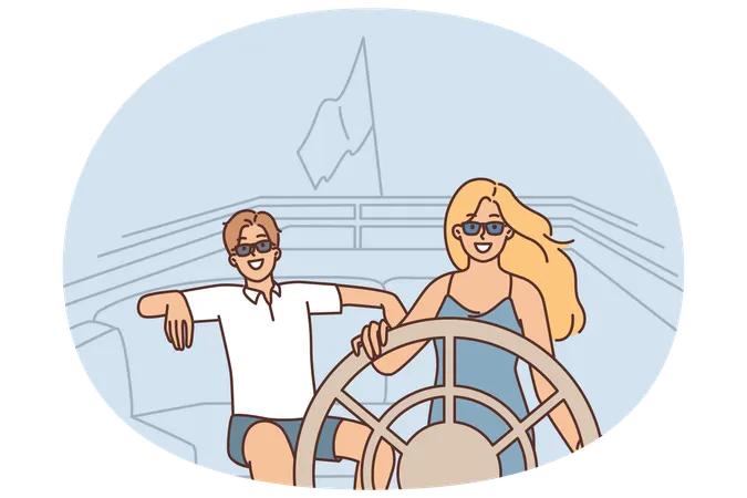 Couple in love rides on yacht spending honeymoon on luxury voyage by sea  Illustration