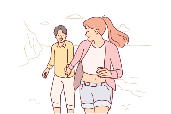 Couple in love runs along beach enjoying joint vacation and trip to exotic island in ocean  Illustration