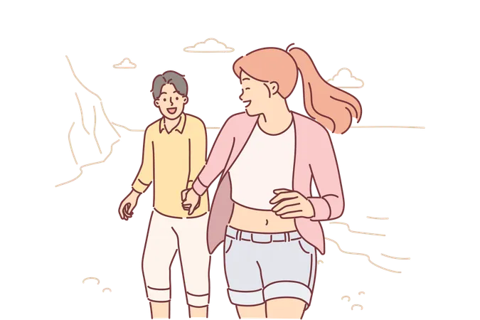 Couple in love runs along beach enjoying joint vacation and trip to exotic island in ocean  Illustration