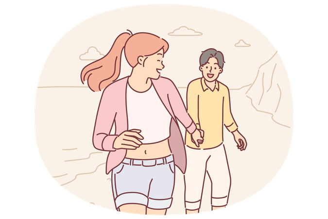 Couple in love runs along beach enjoying joint vacation and trip to exotic island in ocean  Illustration