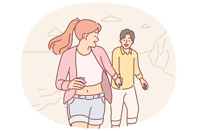 Couple in love runs along beach enjoying joint vacation and trip to exotic island in ocean  Illustration