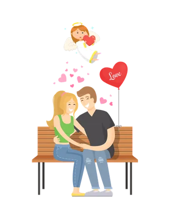People In Love Relaxing Vector Man And Woman Spending Time Together And Sitting On Bench Balloon In Form Of Heart Angel Girl Flying Above Couple Illustration