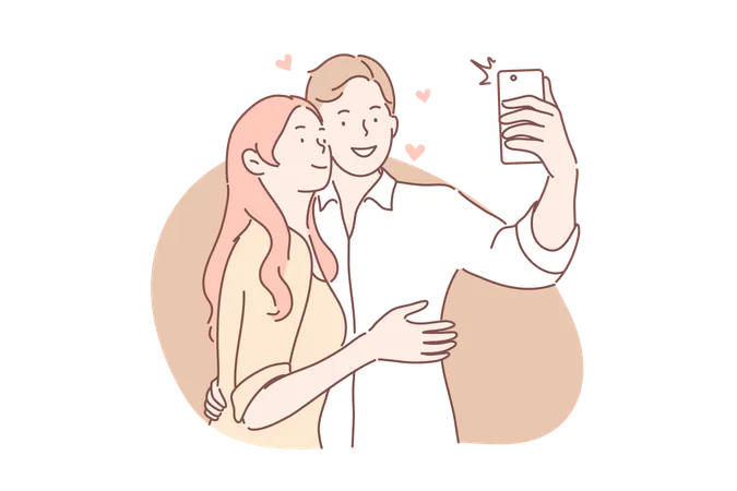 Couple In Love Take Selfie Concept Boyfriend And Girlfriend Man And Woman Hug And Makes Photo Or Take Picture On Smartphone Together Couple In Love Takes Joint Selfie Social Media Communication Illustration