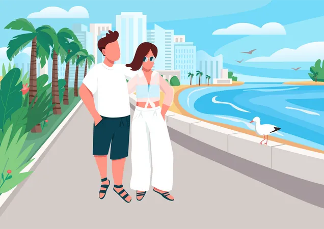 Couple in love walking along seafront Illustration