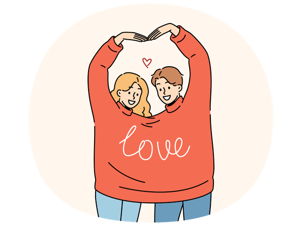 Couple in love wearing same sweater together makes heart shape from hands in sympathy sign  Illustration