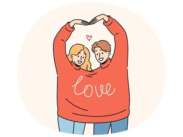 Couple in love wearing same sweater together makes heart shape from hands in sympathy sign  Illustration