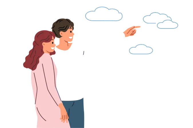 Couple In Love With Man Pointing Finger In Direction Telling Bride About Plans For Future Romantic Couple Of Boyfriend And Girlfriend Look Into Distance Dreaming Of Good Honeymoon Illustration