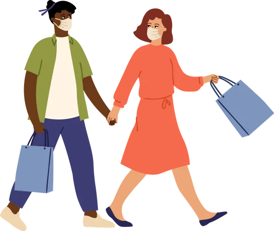 Couple in mask holding shopping bags Illustration