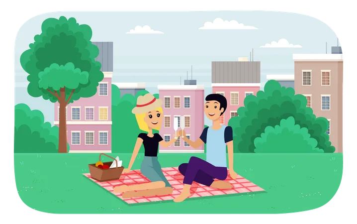 A Couple Having A Date In The Park Man And Woman In Relationship Drinking Champagne On A Romantic Picnic A Guy With A Girl Spend Time Together On The Street Happy People On A Picnic Outdoors Illustration