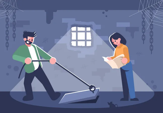 Couple In Quest Room Flat Vector Illustration Young Woman Reading Map Man Opening Basement Door Cartoon Characters Friends In Escape Room Searching Exit Modern Entertainment Logic Game Illustration