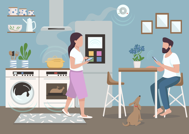 Couple in smart kitchen Illustration