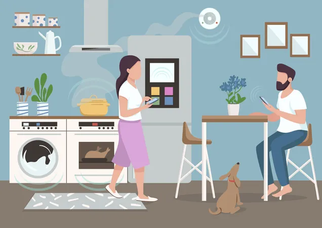 Couple in smart kitchen Illustration