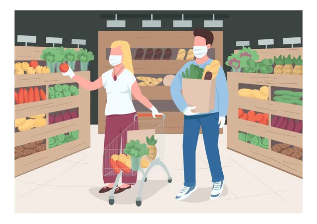 Couple In Store During Quarantine Flat Color Vector Illustration Husband And Wife In Medical Masks Shopping For Groceries In Mall Family 2 D Cartoon Characters With Interior On Background Illustration