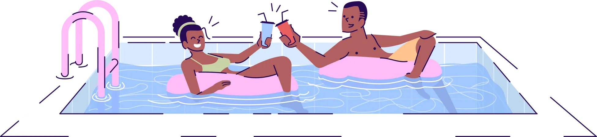 Couple In Swimming Pool Flat Vector Illustration Friends Swimming In Rubber Rings Drinking Cocktails Romantic Date Man Woman Flirting Cartoon Characters With Outline Elements On White Background Illustration