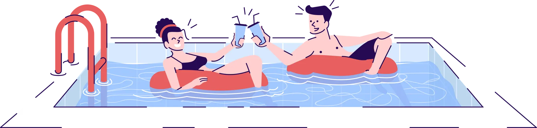 Couple In Swimming Pool Flat Vector Illustration Romantic Date In Water Boyfriend Girlfriend Drinking Cocktail In Safety Rings Isolated Cartoon Characters With Outline Elements On White Background Illustration
