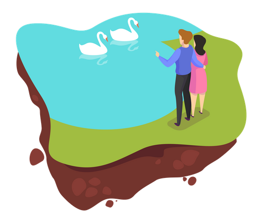 Couple in the city park standing at the pond  イラスト