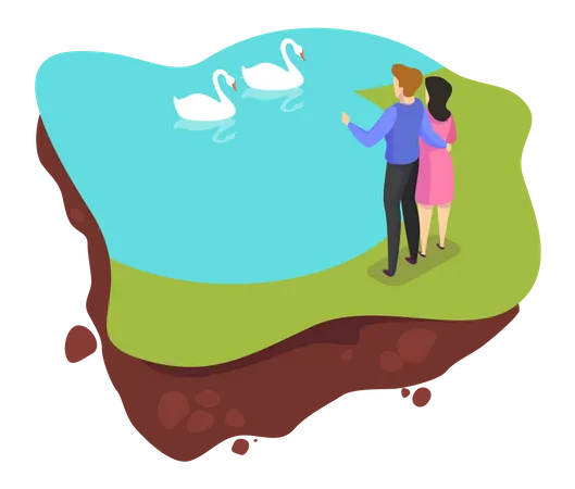 Adult Couple In The City Park Standing At The Pond White Swan Swimming In The Lake Man And Woman On Romantic Date Vector Isometric Illustration Illustration
