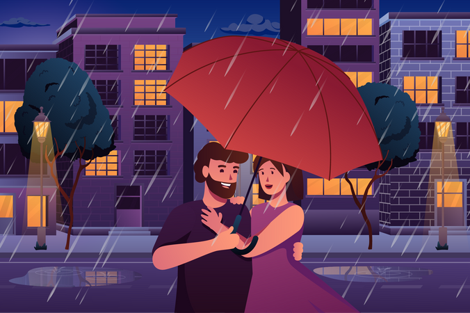 Couple in the rain  Illustration