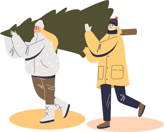 Couple in warm clothes carry firtree  일러스트레이션