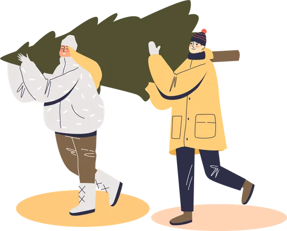 Couple in warm clothes carry firtree  Illustration