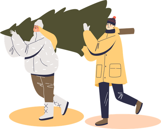 Couple in warm clothes carry firtree  Illustration