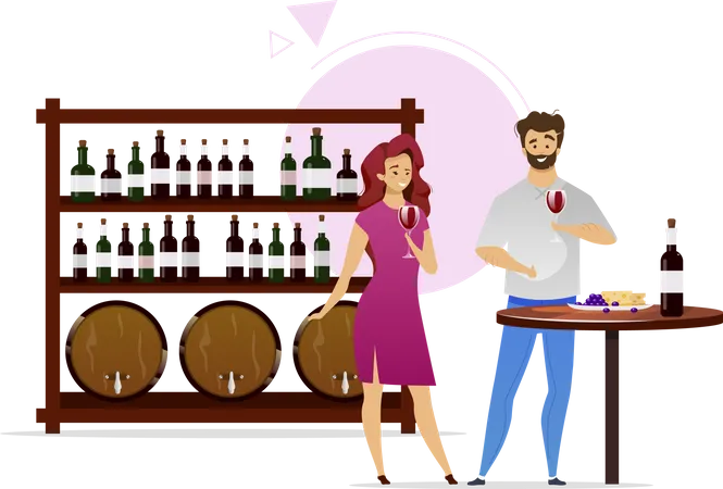 Couple In Wine Cellar Flat Color Vector Illustration Winemaking Vinification Man And Woman With Glassfuls Bottles And Barrels Winery Degustation Isolated Cartoon Character On White Illustration