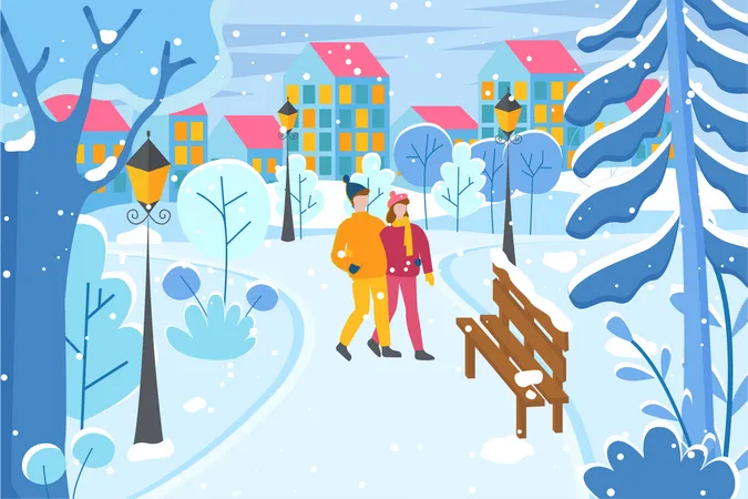 Couple in winter park  Illustration