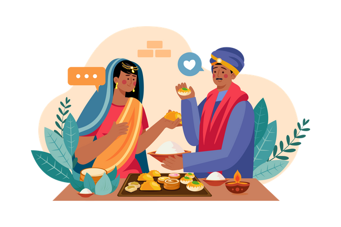Couple indien dégustant des bonbons de Diwali  Illustration