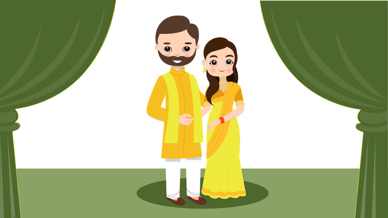 Couple indien portant un costume jaune en fonction Haldi  Illustration