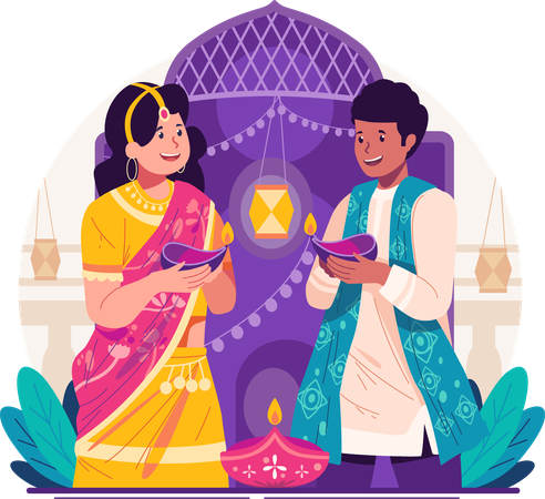Couple indien tenant une diya à l'huile  Illustration