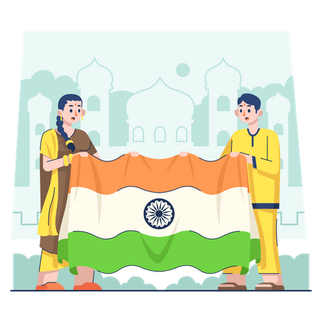 Couple indien tenant un drapeau  Illustration