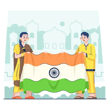Couple indien tenant un drapeau  Illustration